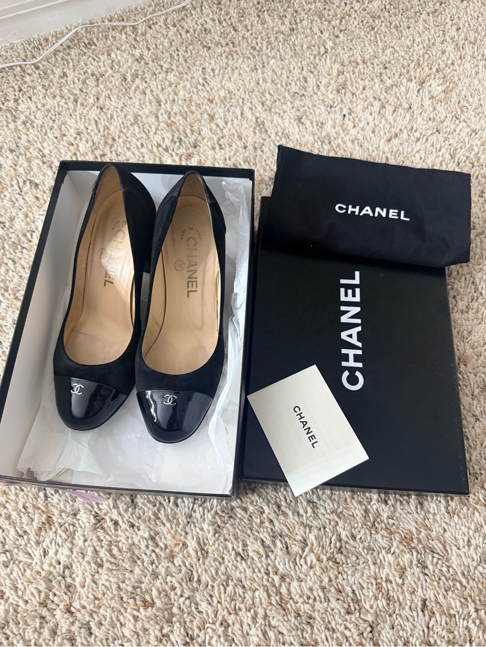 CHANEL Black Suede and Patent Cap-Toe Pumps with CC Logo